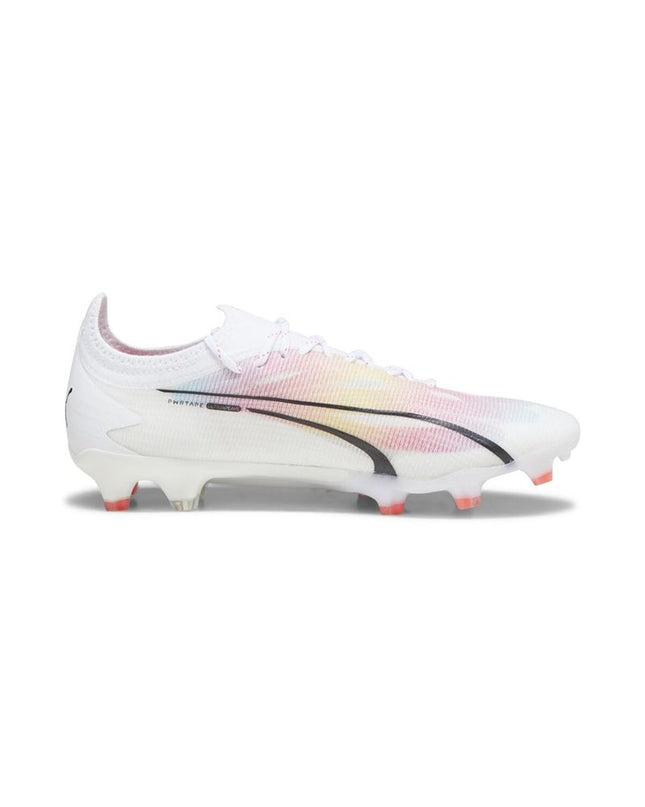 Puma Ultra Ultimate FG/AG adult soccer cleats in white, designed for outdoor and turf football playing surfaces.