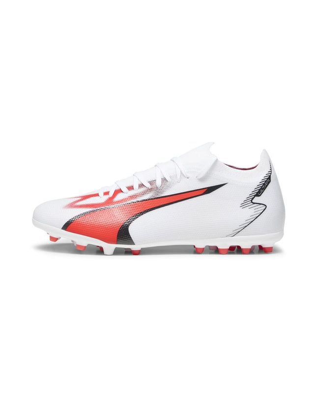 Adult Puma Ultra Match MG football shoes in white, designed for outdoor soccer with a sleek, lightweight sport style.