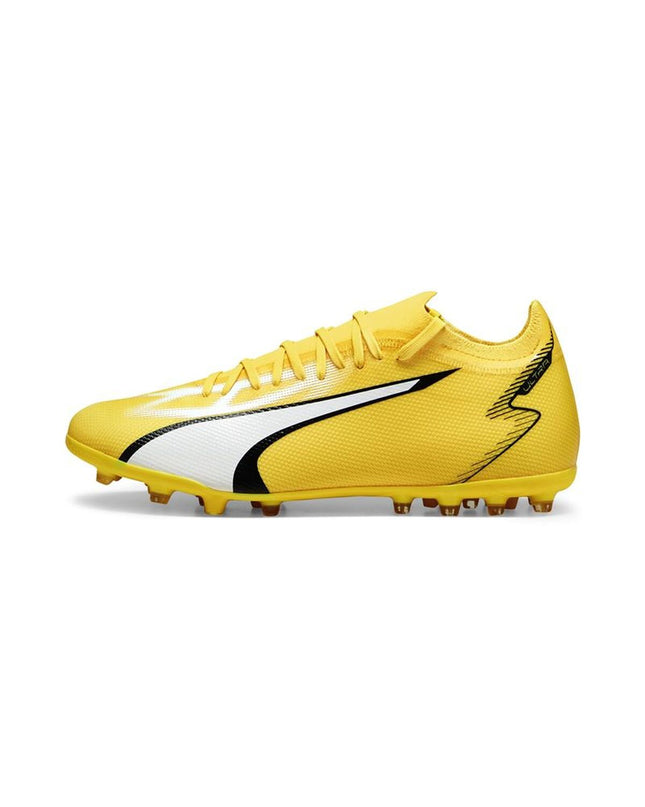 Yellow Puma Ultra Match MG adult soccer cleats for outdoor football, featuring firm ground studs and lightweight design.