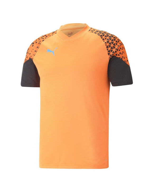 Orange Puma men's soccer T-shirt with short sleeves, designed for training and outdoor football activities.
