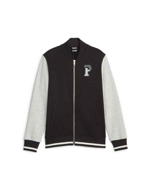 Kids' Puma Squad Bomber Sportjack in black, lightweight outdoor jacket with sporty design and Puma logo on front.