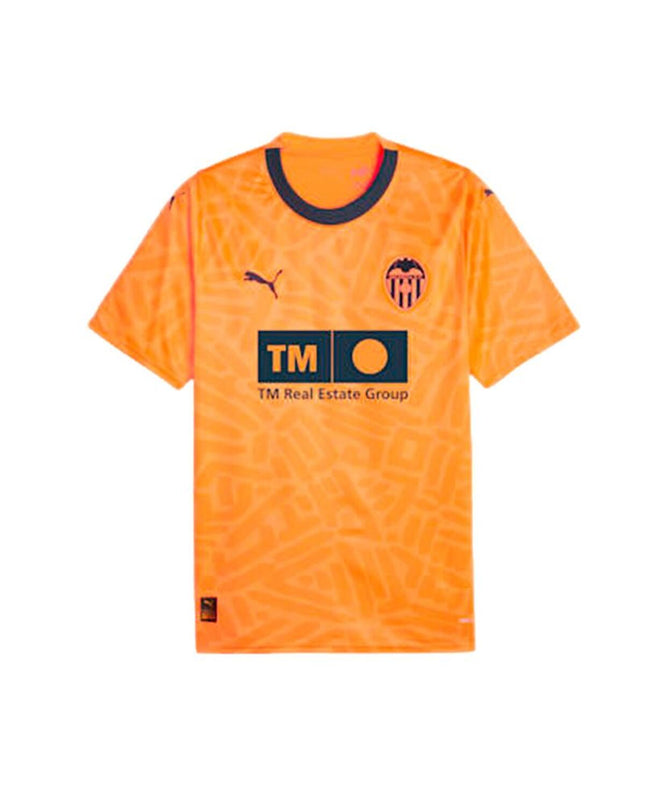 Puma Valencia C.F orange men's short-sleeve football T-shirt, sporty outdoor soccer apparel with team logo and vibrant color.