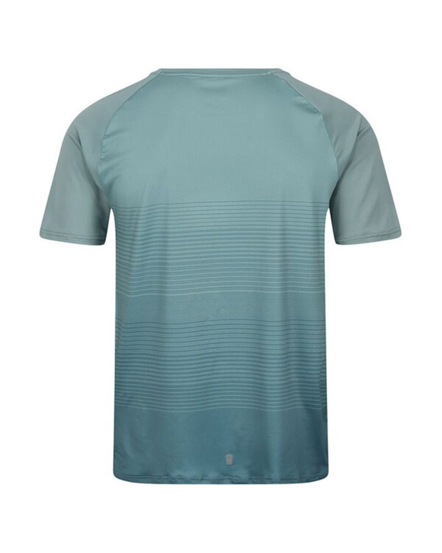 Regatta Pinmor aquamarine sport and outdoor shirt, suitable for camping and hiking, shown in outdoor setting.