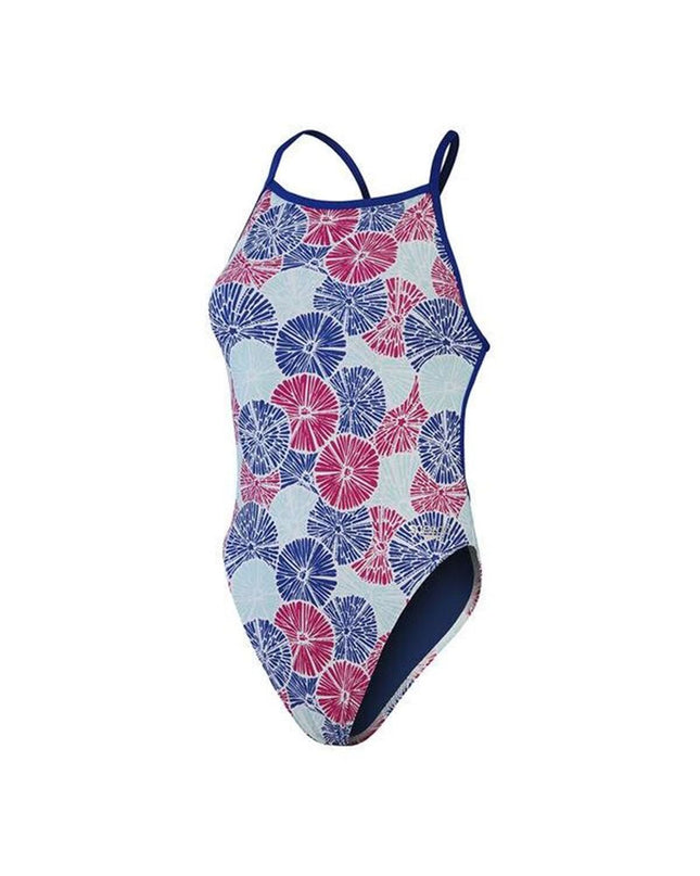 Blue women's Speedo swimwear swimsuit for water sports, featuring a sleek design perfect for swimming and outdoor aquatic activities.
