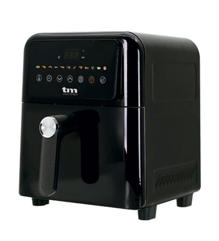 TM Electron black air fryer with 6L capacity, 1500W to 1700W power, compact kitchen appliance for healthy frying.