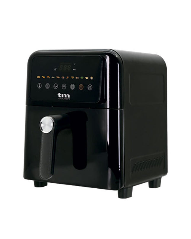 TM Electron black air fryer with 6L capacity, 1500W to 1700W power, compact kitchen appliance for healthy frying.