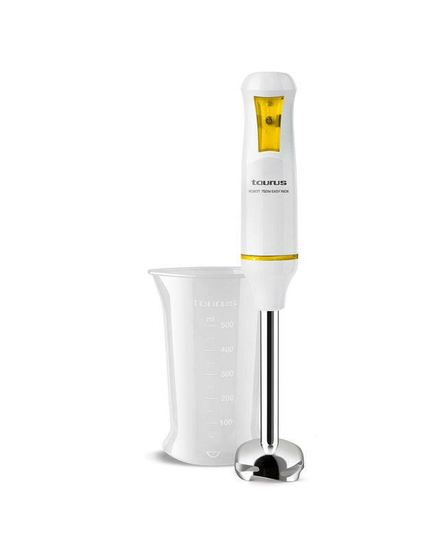 Taurus 750W hand blender with stainless steel blending shaft and ergonomic handle, suitable for cooking and food preparation.