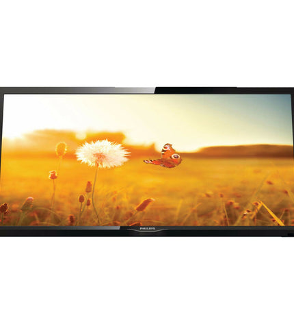 Philips 24-inch HD TV with slim black bezel, displayed on a modern living room stand, ideal for home entertainment.