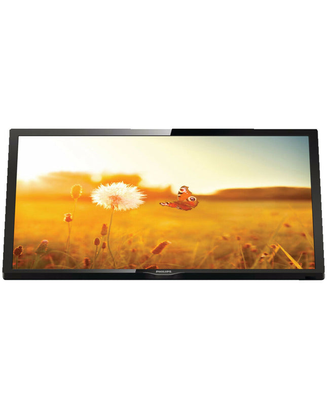 Philips 24-inch HD TV with slim black bezel, displayed on a modern living room stand, ideal for home entertainment.