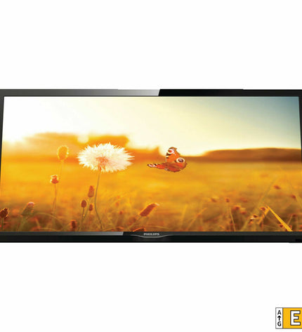 Philips 24-inch HD TV showing a sleek black screen with control buttons on the side and a slim modern design.
