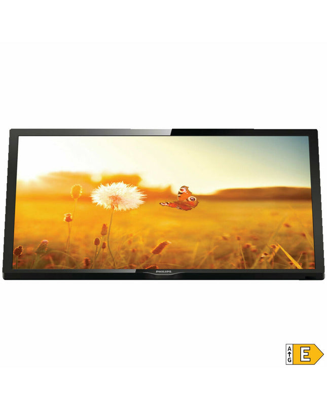 Philips 24-inch HD TV showing a sleek black screen with control buttons on the side and a slim modern design.