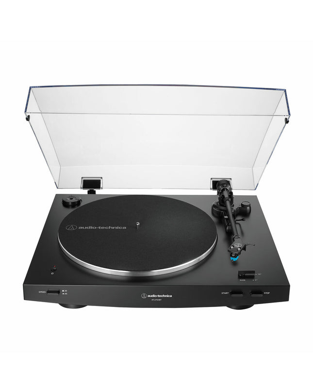 Audio-Technica Iberia AT-LP3BTBK black turntable with tonearm and built-in speakers, showcasing its sleek electronic design.