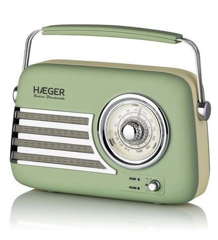 Portable Haeger RB-GRE.001A Bluetooth radio with digital display, compact design, and built-in speaker for wireless audio.