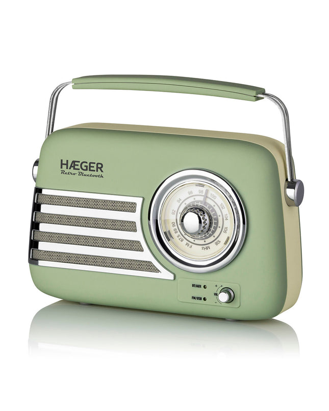 Portable Haeger RB-GRE.001A Bluetooth radio with digital display, compact design, and built-in speaker for wireless audio.