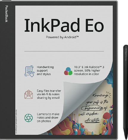 PocketBook InkPad eBook reader with 10.3-inch display and 64GB storage, black electronic device for digital reading.