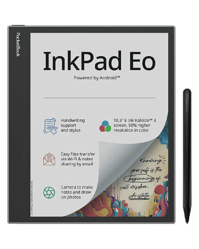 PocketBook InkPad eBook reader with 10.3-inch display and 64GB storage, black electronic device for digital reading.