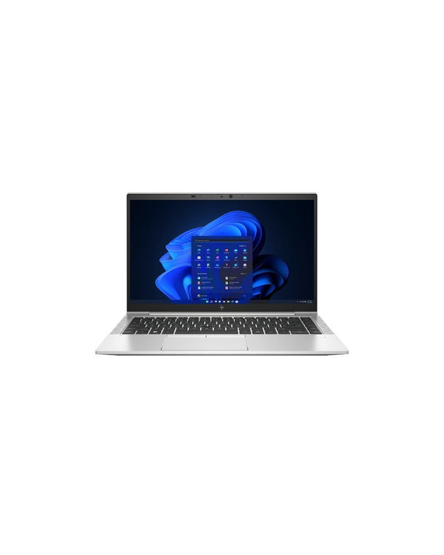 HP EliteBook 840 G7 laptop showing a sleek silver design with keyboard and screen open, ready for computing tasks.