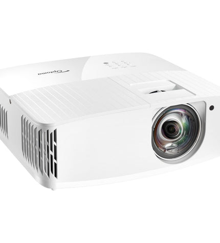 Optoma A9PV7KJ01AZ2 4000 Lm 3840x2160 px 4K projector for home cinema and electronics setup, showing front view with lens and controls.