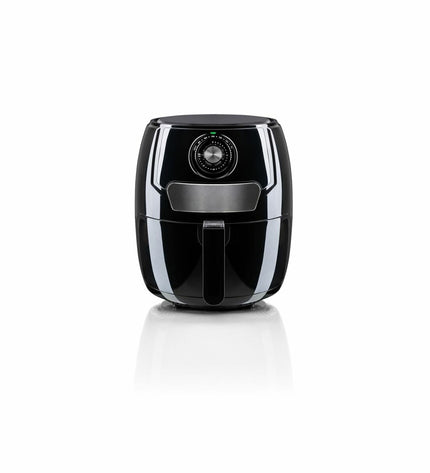 Haeger AF-M37.002A black air fryer with 3.7L capacity and 1500W power, shown on a kitchen countertop.