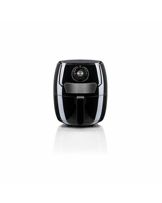 Haeger AF-M37.002A black air fryer with 3.7L capacity and 1500W power, shown on a kitchen countertop.