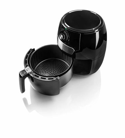 Haeger AF-M37.002A black air fryer with 3.7L capacity and 1500W power, shown on a kitchen countertop.