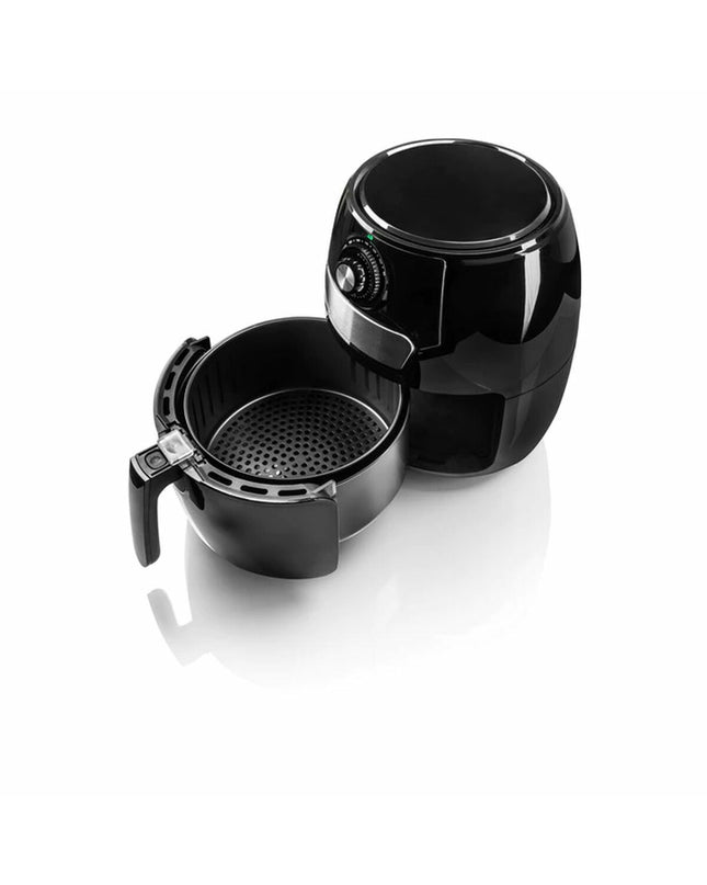 Haeger AF-M37.002A black air fryer with 3.7L capacity and 1500W power, shown on a kitchen countertop.