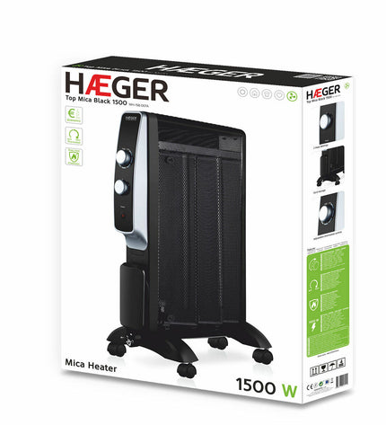 Haeger MH-15B.007A 1500W black portable heater for home and cooking, compact and modern design.