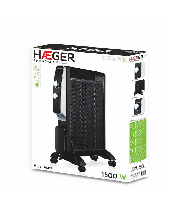 Haeger MH-15B.007A 1500W black portable heater for home and cooking, compact and modern design.