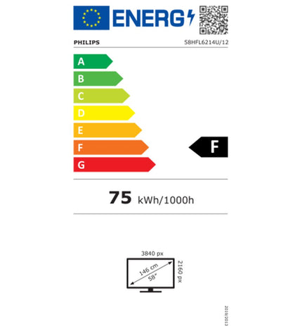 Philips 58-inch Smart TV with energy label, sleek black screen, and slim design, ideal for home entertainment and video streaming.