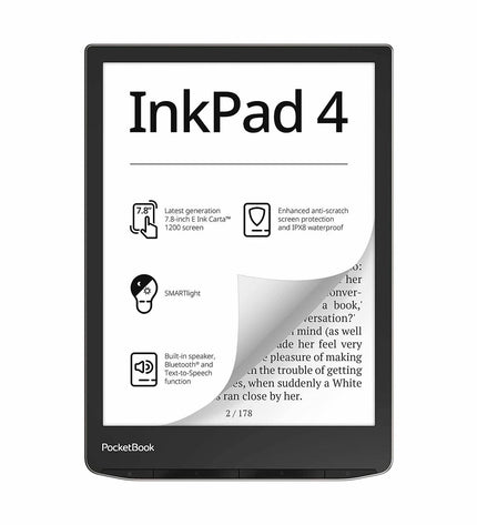 PocketBook InkPad 4 eBook reader with 7.8-inch screen and 32GB storage, showing front view with screen on and sleek design.
