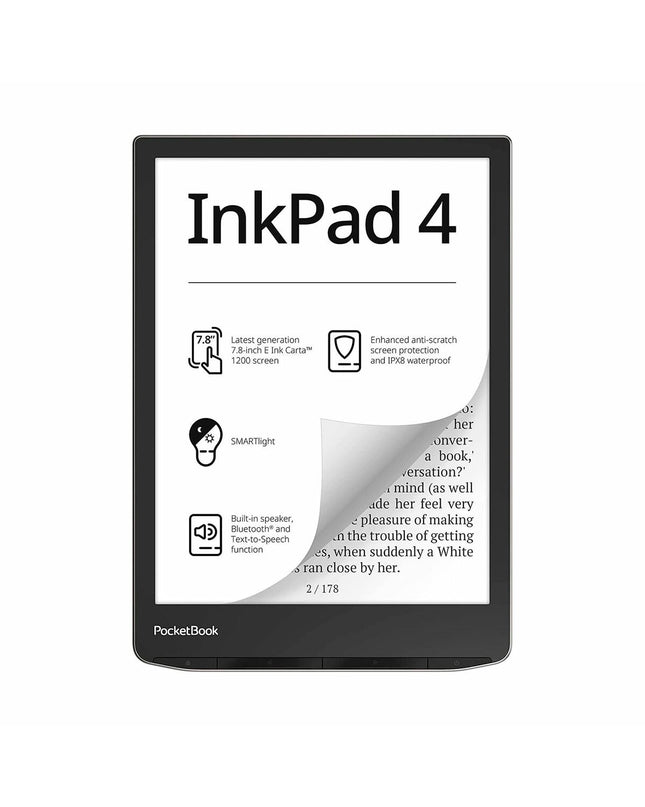 PocketBook InkPad 4 eBook reader with 7.8-inch screen and 32GB storage, showing front view with screen on and sleek design.