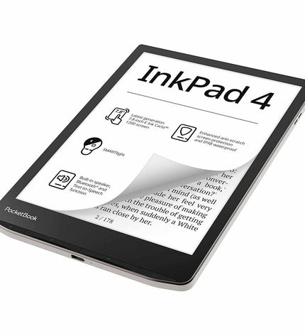 PocketBook InkPad 4 eBook reader with 7.8-inch screen and 32GB storage, showing front view with screen turned on.