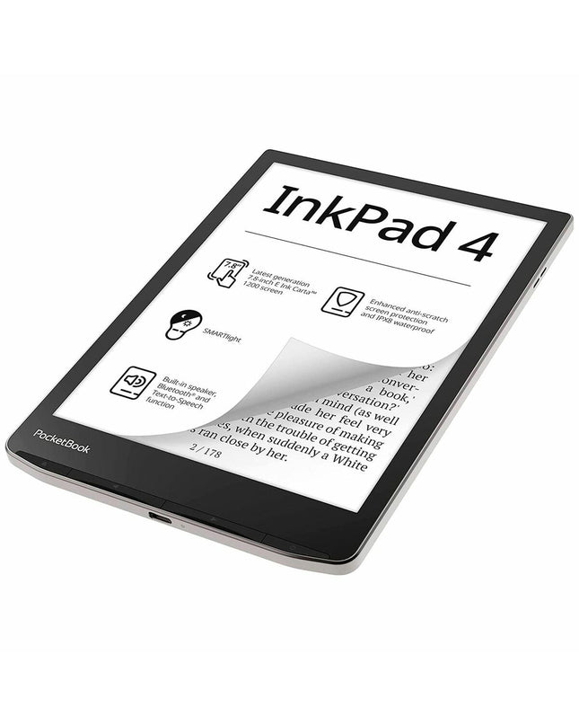 PocketBook InkPad 4 eBook reader with 7.8-inch screen and 32GB storage, showing front view with screen turned on.