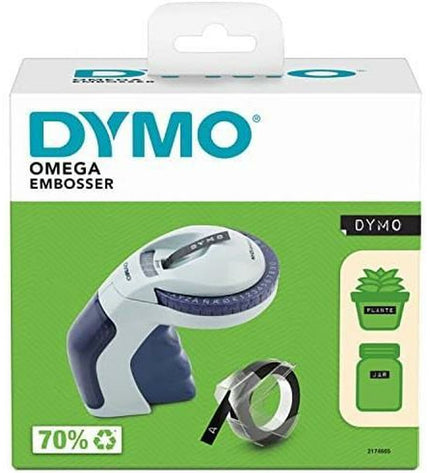 Dymo Omega handmatige labelmachine for office use, with label tape and control buttons, in a workspace setting.