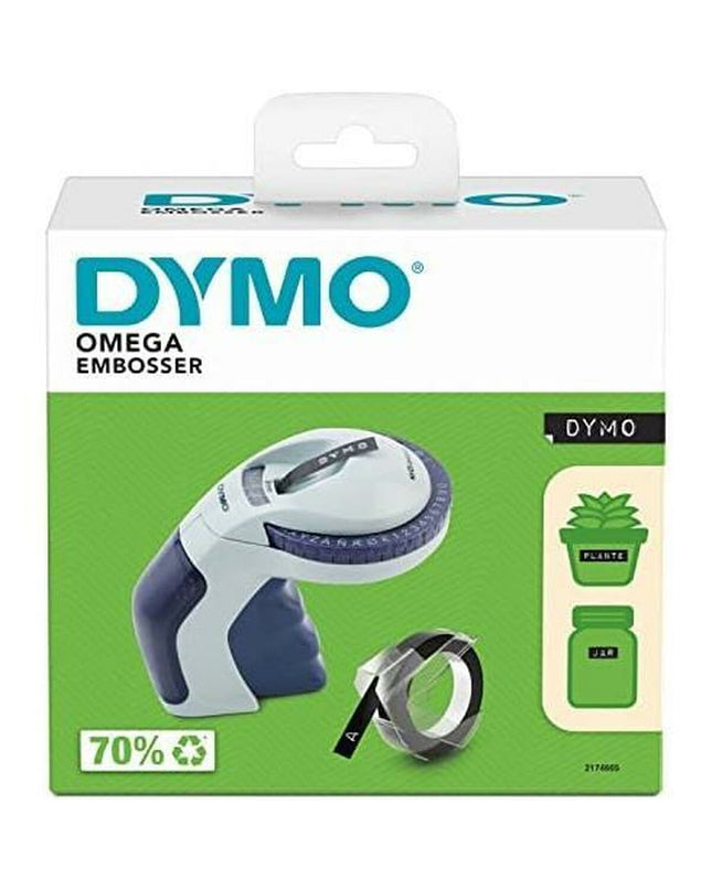 Dymo Omega handmatige labelmachine for office use, with label tape and control buttons, in a workspace setting.