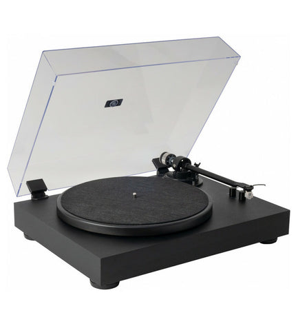 Black Fonestar vinyl turntable with tonearm and control buttons, showcasing its vintage audio equipment design.