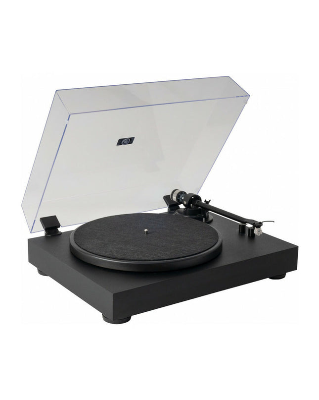 Black Fonestar vinyl turntable with tonearm and control buttons, showcasing its vintage audio equipment design.