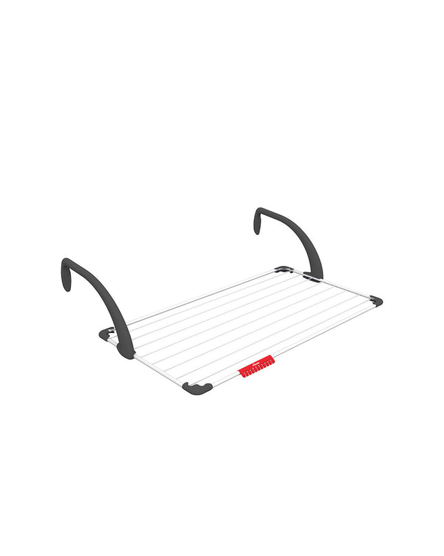 Vileda Sunset CJ6 laundry drying rack for balcony, steel and plastic, white, 10 meters drying space, compact storage.