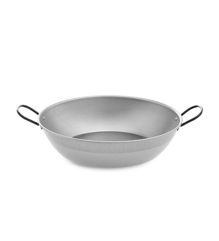 Polished steel deep pan with handle from Vaello, 30cm diameter, ideal for cooking and kitchen use.