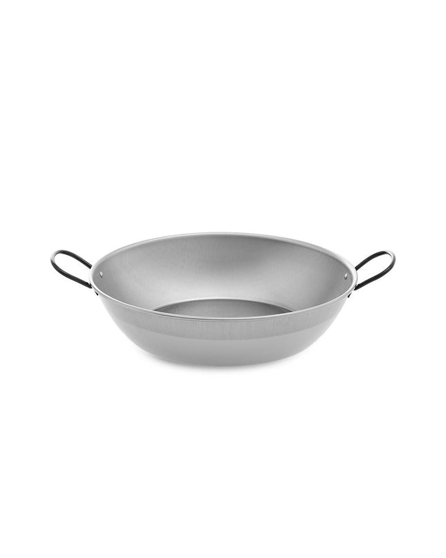 Polished steel deep pan with handle from Vaello, 30cm diameter, ideal for cooking and kitchen use.