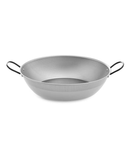 Polished steel deep pan with handle from Vaello, 34 cm diameter, suitable for cooking and kitchen use.