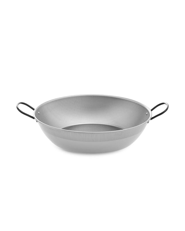 Polished steel deep pan with handle from Vaello, 34 cm diameter, suitable for cooking and kitchen use.