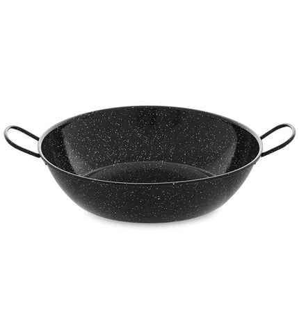 Vaello black enameled steel deep pan with handle, 38 cm diameter, suitable for cooking and kitchen use.