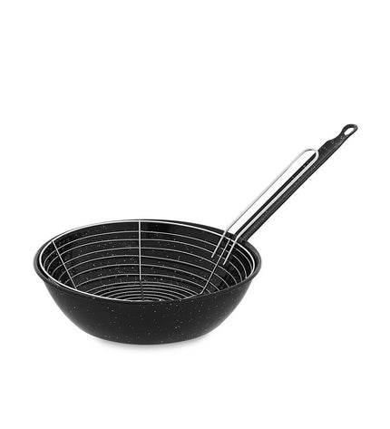 Vaello black enameled steel baking pan with integrated basket, 24 cm diameter, suitable for home cooking and kitchen use.