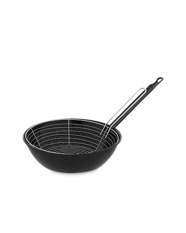 Vaello black enameled steel baking pan with integrated basket, 24 cm diameter, suitable for home cooking and kitchen use.