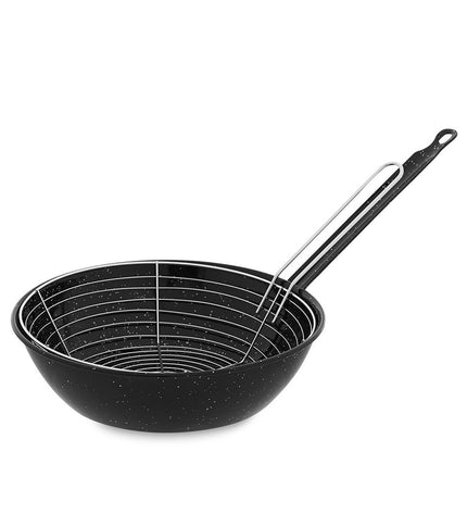 Black enamelled steel frying pan with basket by Vaello, 28 cm diameter, perfect for cooking and frying in the kitchen.