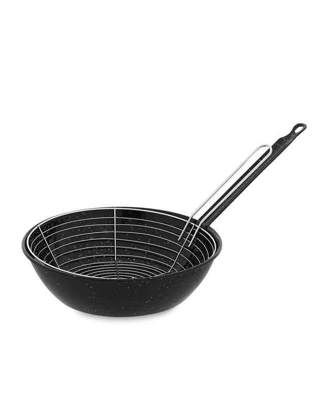 Black enamelled steel frying pan with basket by Vaello, 28 cm diameter, perfect for cooking and frying in the kitchen.