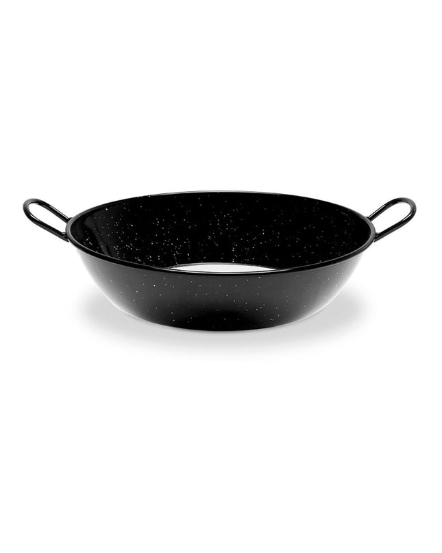 Black enameled steel deep pan with handle from Vaello, 40 cm diameter, suitable for home cooking and kitchen use.