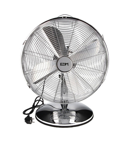 EDM silver-colored tower fan with 60W power, measuring 40x55 cm, designed for home cooling and portable air conditioning.