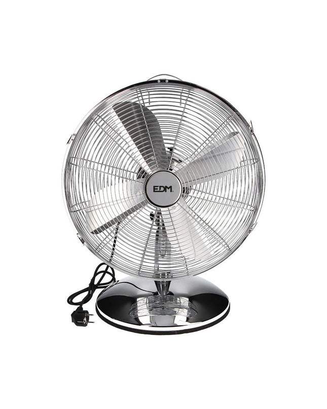 EDM silver-colored tower fan with 60W power, measuring 40x55 cm, designed for home cooling and portable air conditioning.